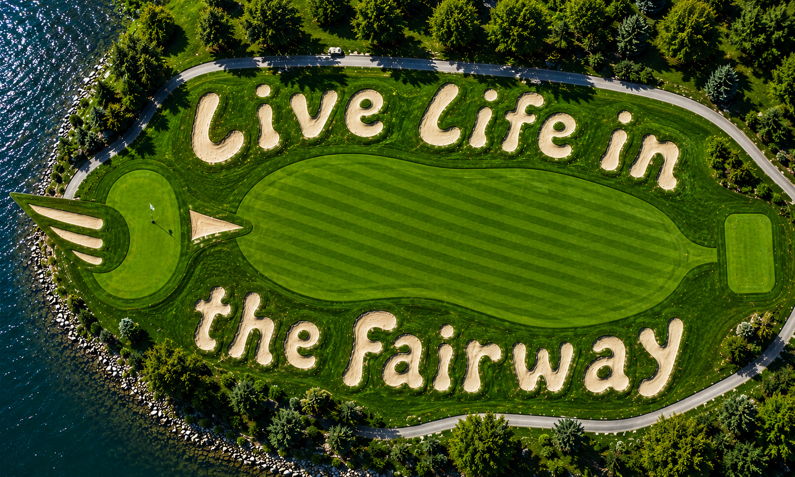 Live Life in the Fairway — golf course bunkers spelling out the Fairway Feds tagline
