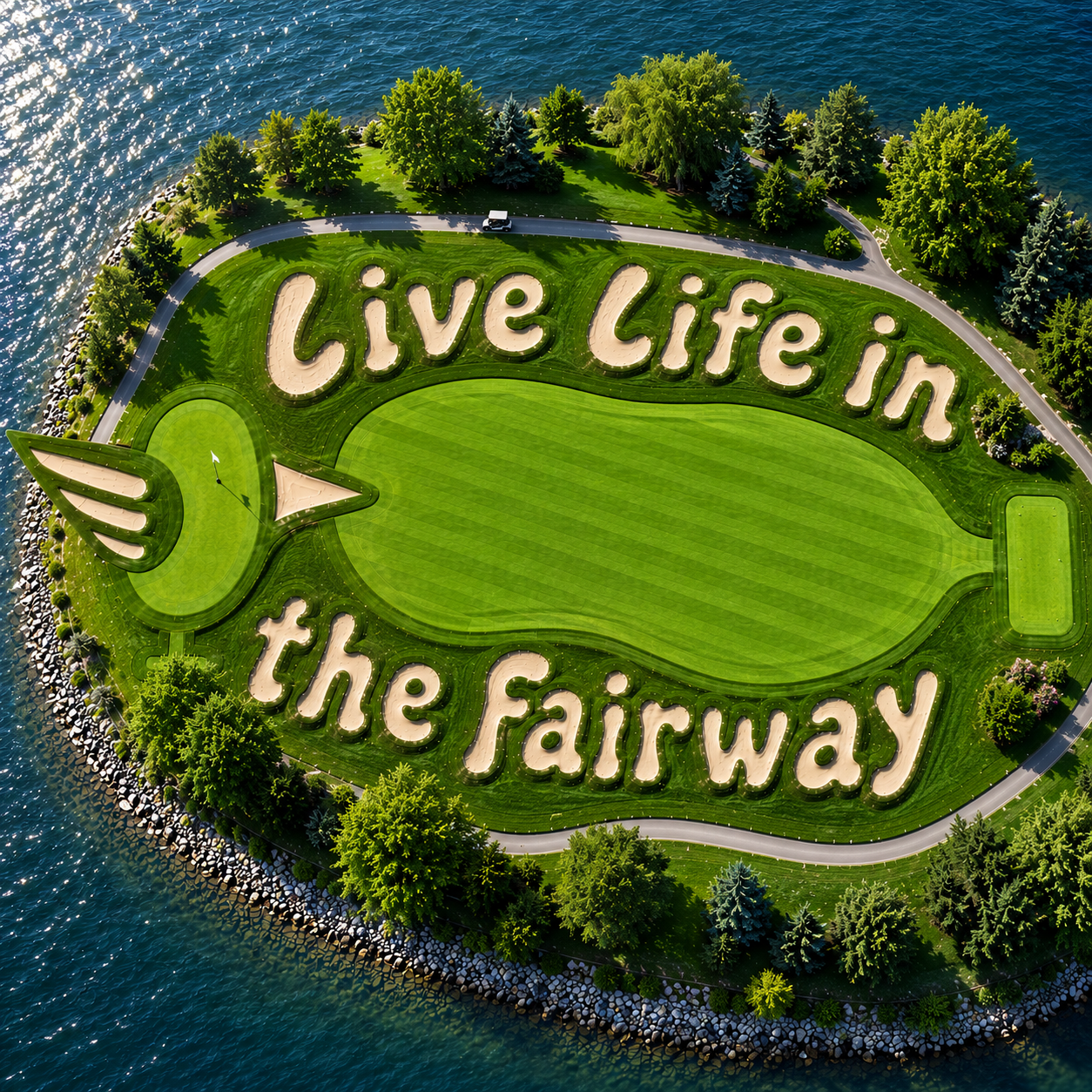 Aerial view of a small island with a golf course layout, trees, and large sand lettering that reads “Live Life in the Fairway,” surrounded by blue water.